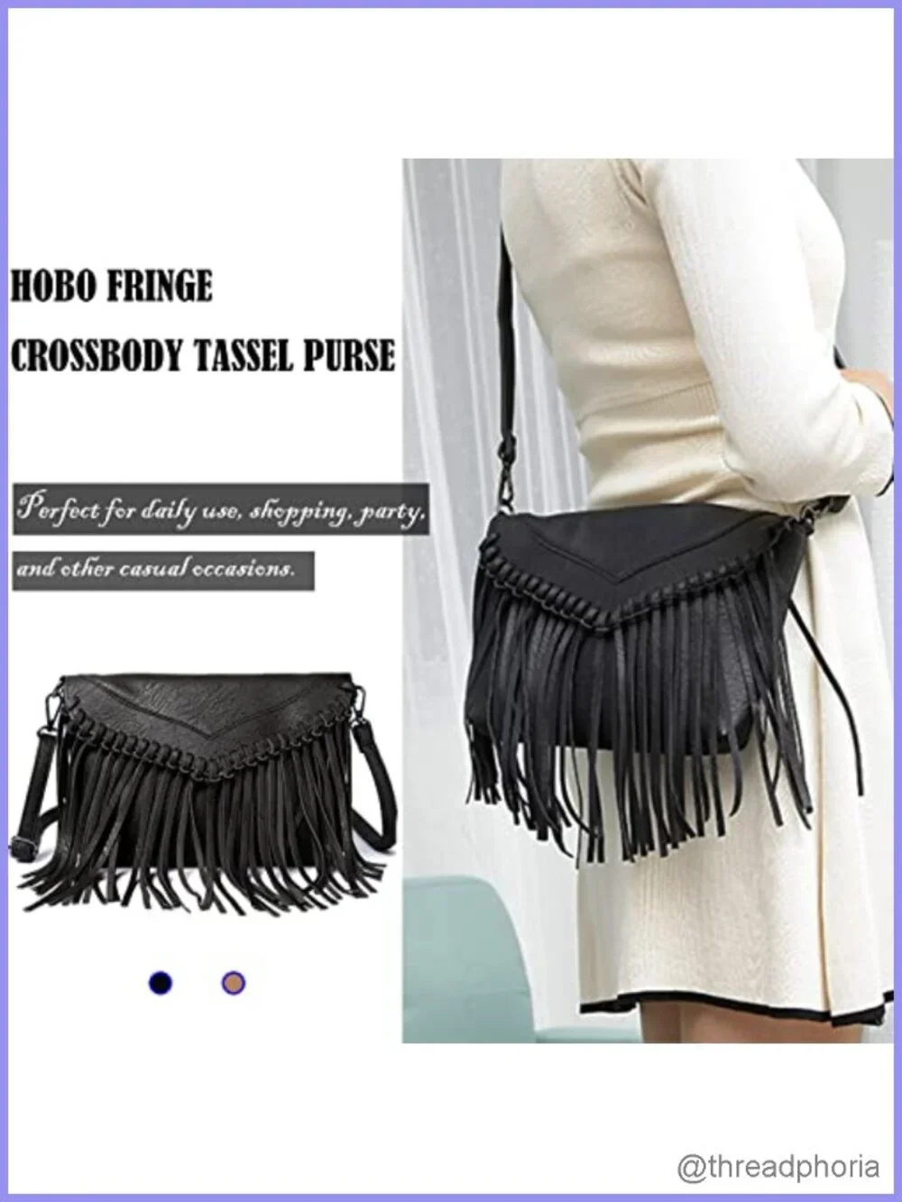Vintage Fringe Purse Hobo Bag Vegan Leather Tassel Hippie Crossbody